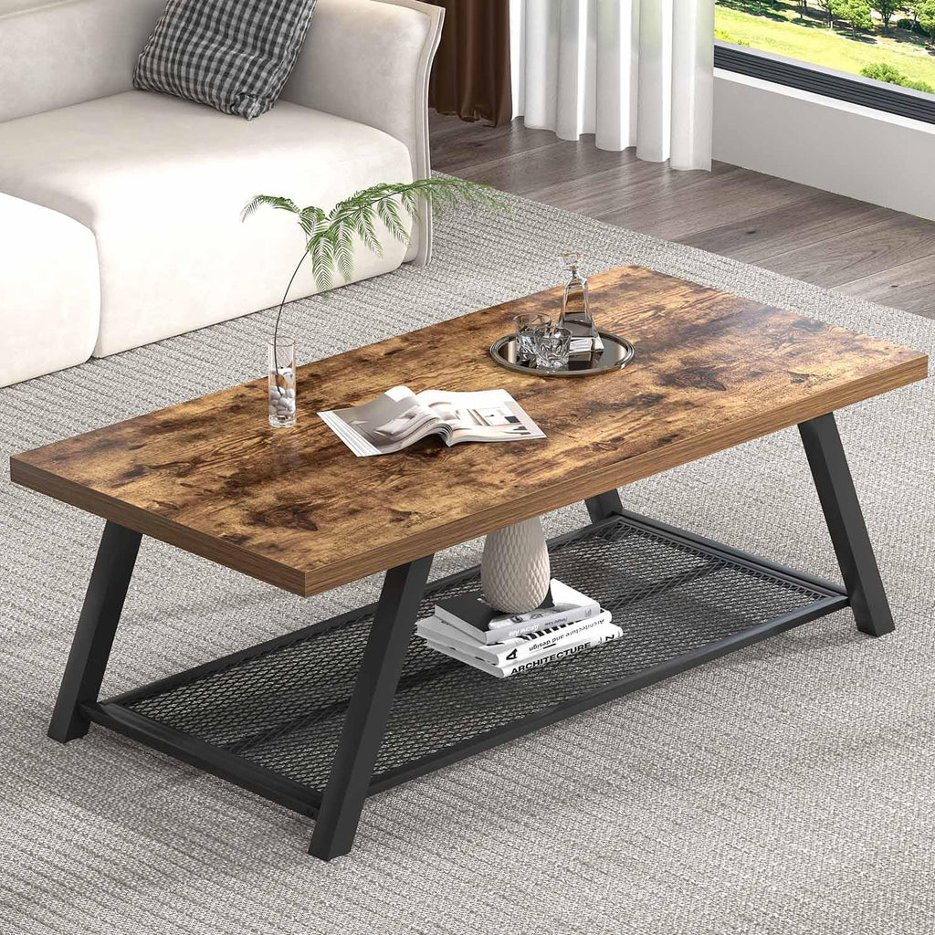 FOLUBAN Modern Coffee Table, Wood and Metal Coffee Tables for Living Room with Storage Shelf, Industrial Rectangle Cocktail Tea Table, Rustic Brown, 47 Inch