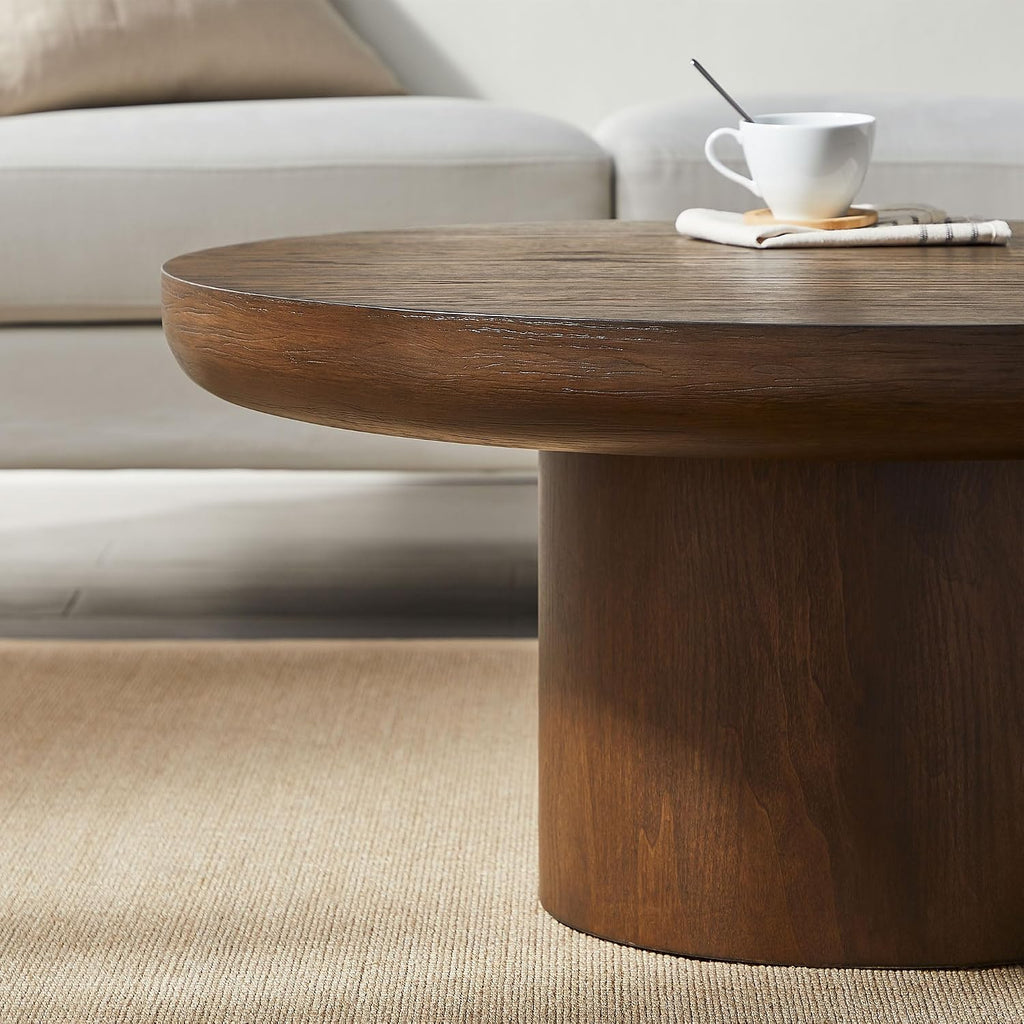 WILLIAMSPACE 35.98' Round Coffee Table with Cylindrical Base, Modern Wood Drum Center Table, Accent Side End Table for Living Room Apartment, φ35.98'*15.98'H (Dark Brown)