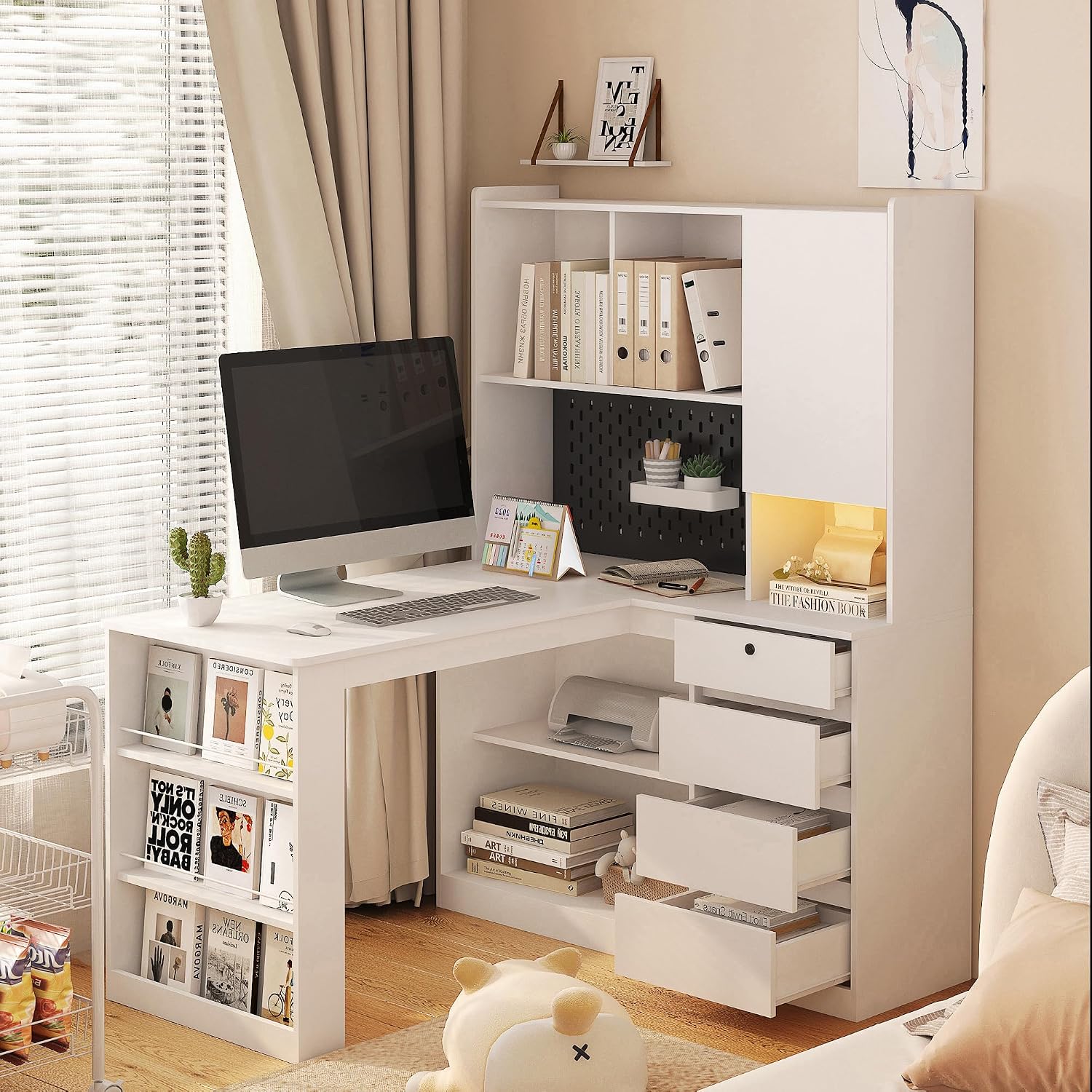 White L-Shaped Home Office Desk with Hutch & Drawers, Modern Corner Desk with LED Light & Bookshelf, Wood Study Writing Table Gaming Computer Desk for Bedroom, Home