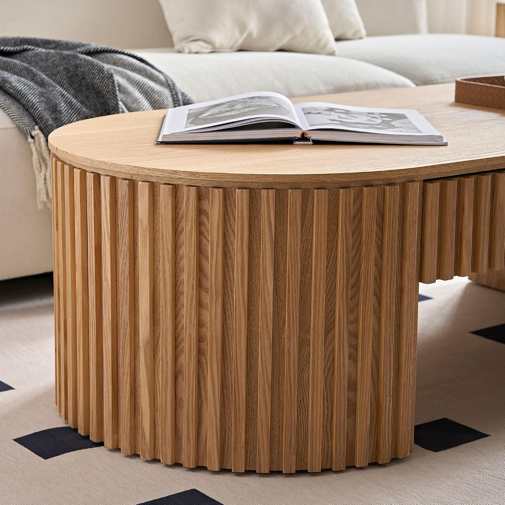 JUSTONE 51.18'' Oval Wood Coffee Table with Drawer, Farmhouse Wood Coffee Table for Living Room,Apartment(Oak)