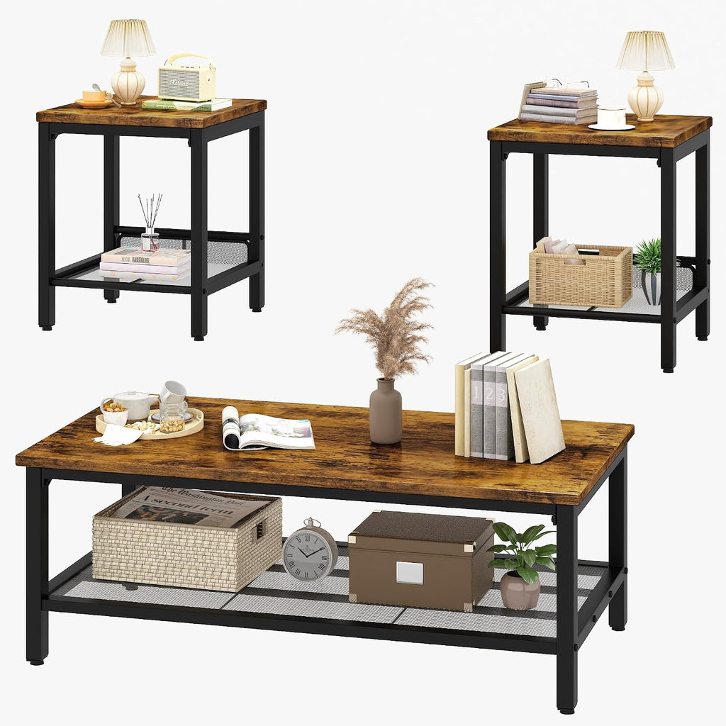 Recaceik 3-Piece Living Room Coffee Table Set, Industrial Coffee Table with 2 Square End Side Tables, Modern Living Room Table Set with Metal Frame for Apartment Home Office (Rustic Brown)