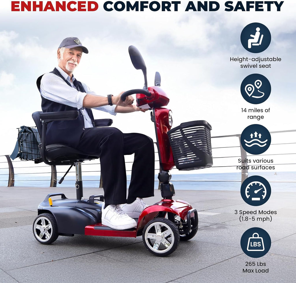 4 Wheel Mobility Scooters for Adults, Foldable Powered Mobility Scooter with Rearview Mirror,14 Miles Range, 5 Mph Long Range Power Extended Battery with Charger, Rear Basket and LED Light (Red-X-03)