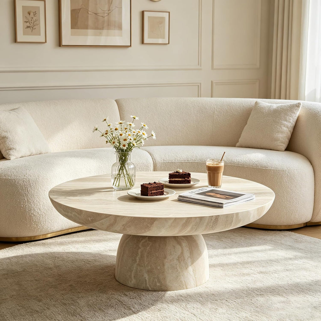 35.43' Modern Faux Marble Coffee Table, Round Stone Coffee Table with Cylindrical Leg, Fiberglass Drum Circle Center Table, Sofa Side End Tables for Living Room Apartment Home Cocktail Tea