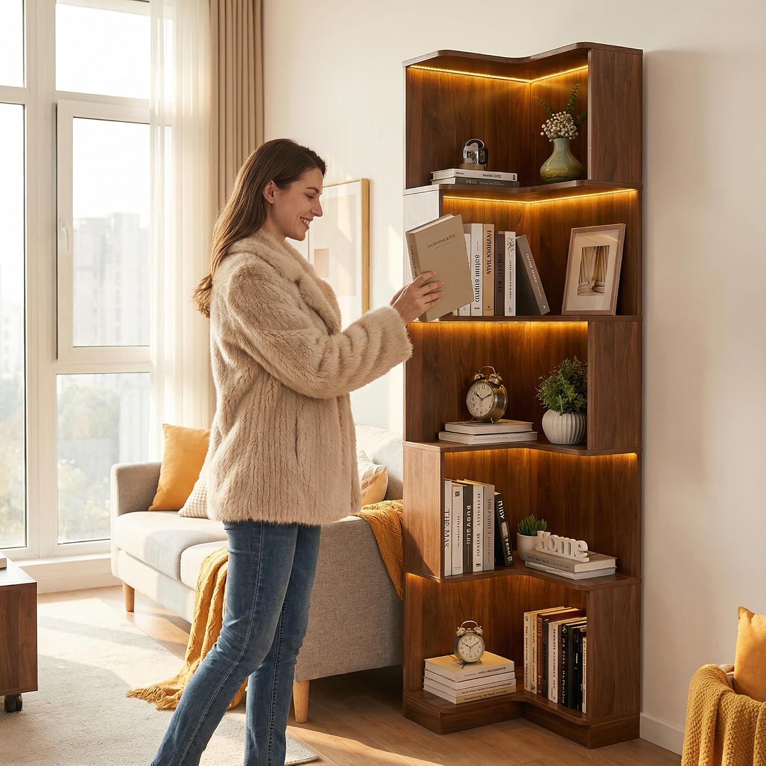 Corner Bookshelf, 5 Tier Tall Corner Bookcase with LED Lights, Freestanding L Shaped Open Display Shelf for Living Room, Bedroom, Home Office (Walnut)