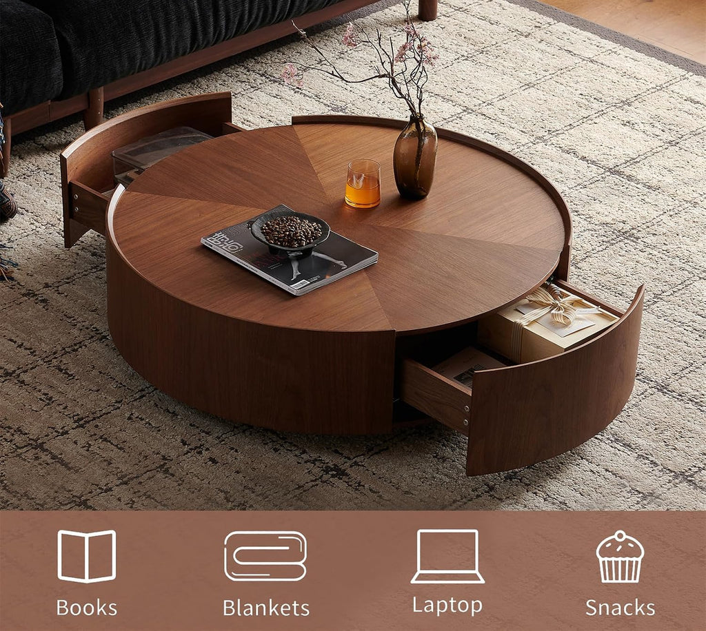 SSLine 39.4-Inch Round Coffee Table with Storage Drawers,Fully Assembled Wooden Coffee Table with Solid Wood Veneered Mid-Century Modern Cocktail Center Tables for Living Room Office Apartment,Walnut