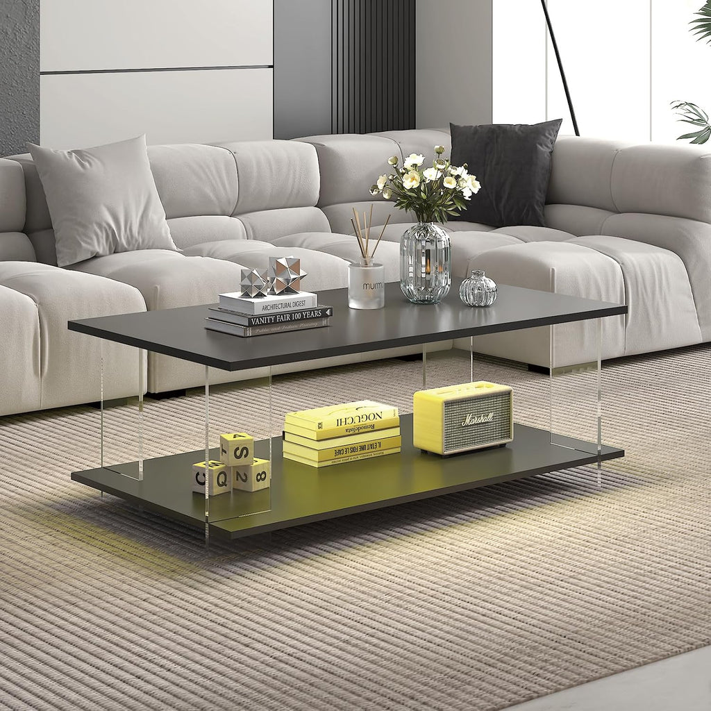 HedoAjim 43' Acrylic Coffee Table with Black Wood Top, Minimalist Stylish Modern Rectangular Center Tables for Living Room, Led Living Room Table with Storage Shelf & Acrylic Frame for Small Space