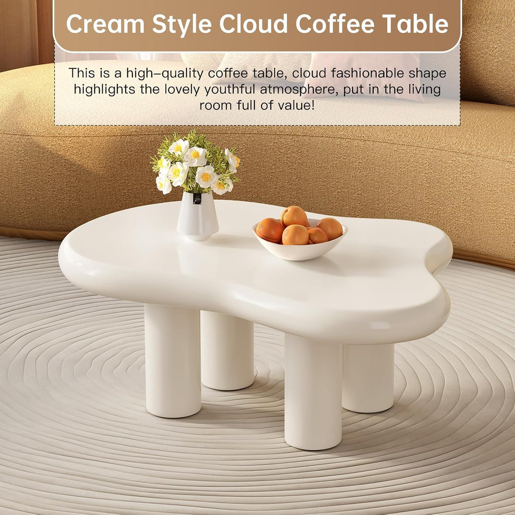 Guyii Cloud-Shaped Coffee Table, Modern Sofa Table with 4 Legs, Cream White Center Table, Small Irregular Tea Table for Living Room, Easy Assembly (White)