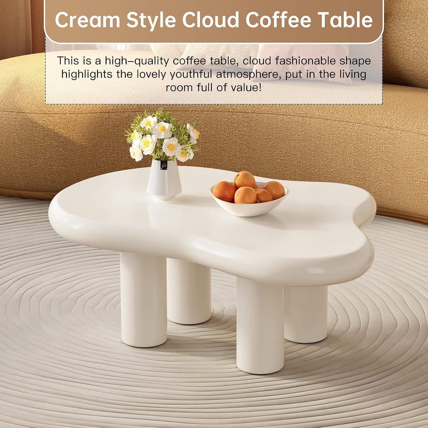 Guyii Cloud-Shaped Coffee Table, Modern Sofa Table with 4 Legs, Cream White Center Table, Small Irregular Tea Table for Living Room, Easy Assembly (White)