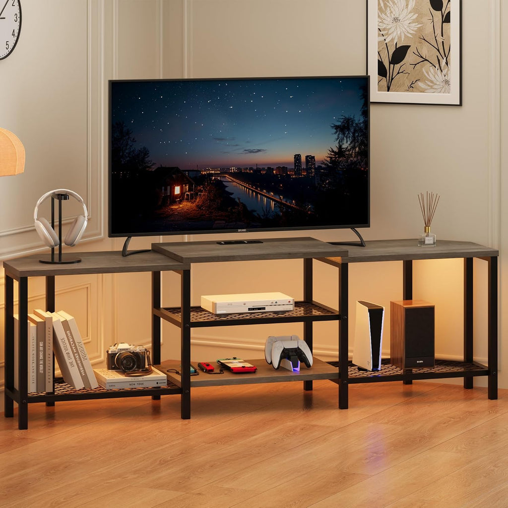67'' Corner TV Stand for 55/65/75 Inch TVs,4 Open Shelves, Power Outlets, Led Lights,Media Console Table for Living Room or Bedroom,Grey