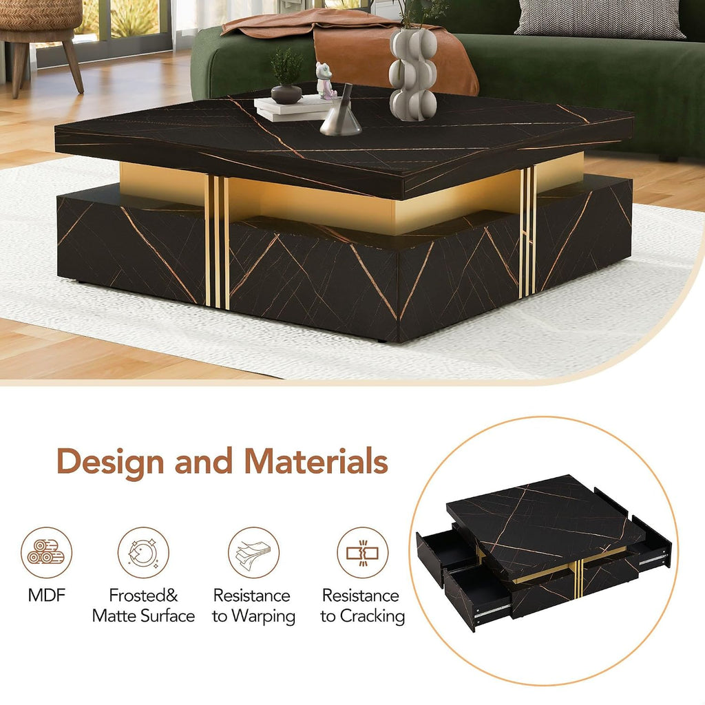 GDFStudio Barsv Modern Square Coffee Table with 4 Drawers, Stylish Storage Accent Table, Living Room Furniture with Ample Space, Remote Control Organizer, Glam Home Decor, Black + Gold