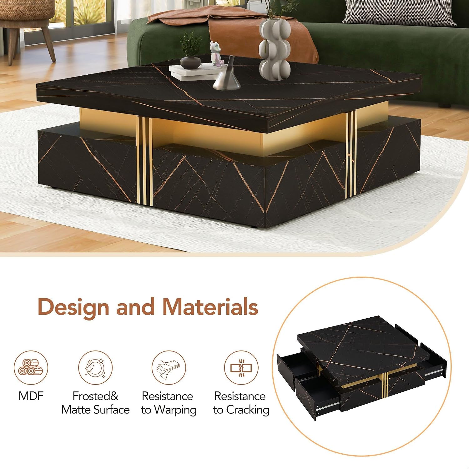 GDFStudio Barsv Modern Square Coffee Table with 4 Drawers, Stylish Storage Accent Table, Living Room Furniture with Ample Space, Remote Control Organizer, Glam Home Decor, Black + Gold