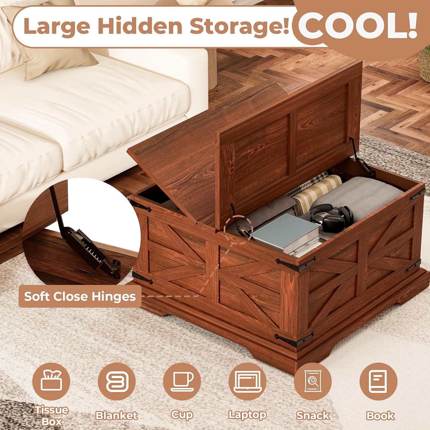 Farmhouse Coffee Table with Large Hidden Storage, Square Wood Living Room Tables, Multi-Function Lift Wooden Barn Door Center Table (Cherry Wood)