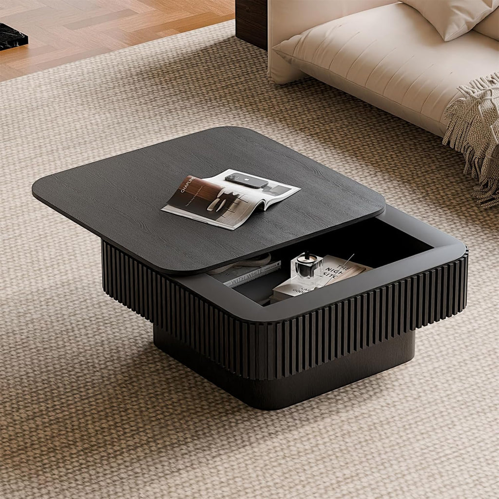 Square Coffee Table for Living Room,Fluted Drum Accent Tea Center Table with Storage,Solid Wood Modern Coffee Tables for Small Space Office Apartment (31.5' L×31.5''W×14''H-Black)