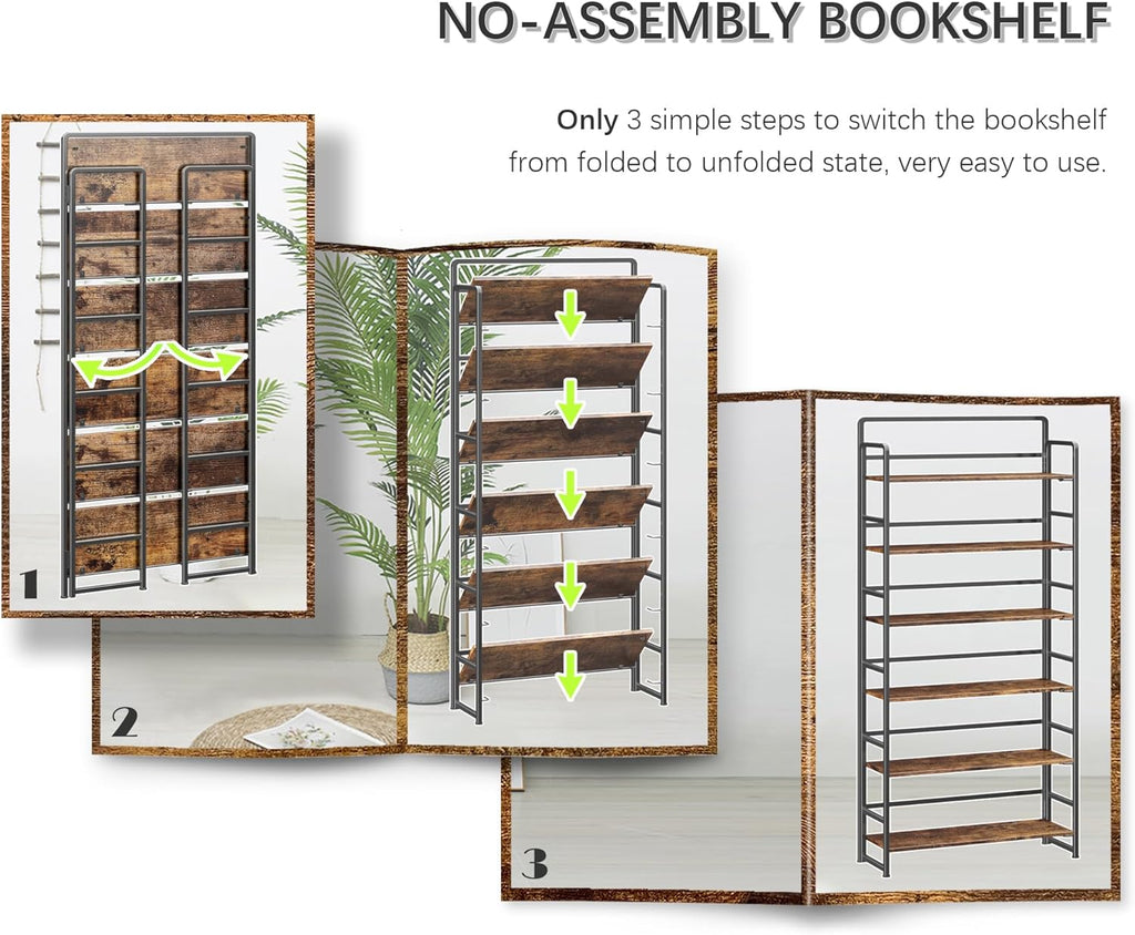 4NM No Assembly Extra Wide 6 Tiers Folding Bookshelf Storage Shelves Vintage Bookcase Standing Racks Study Organizer Home Office (Rustic Brown Black)