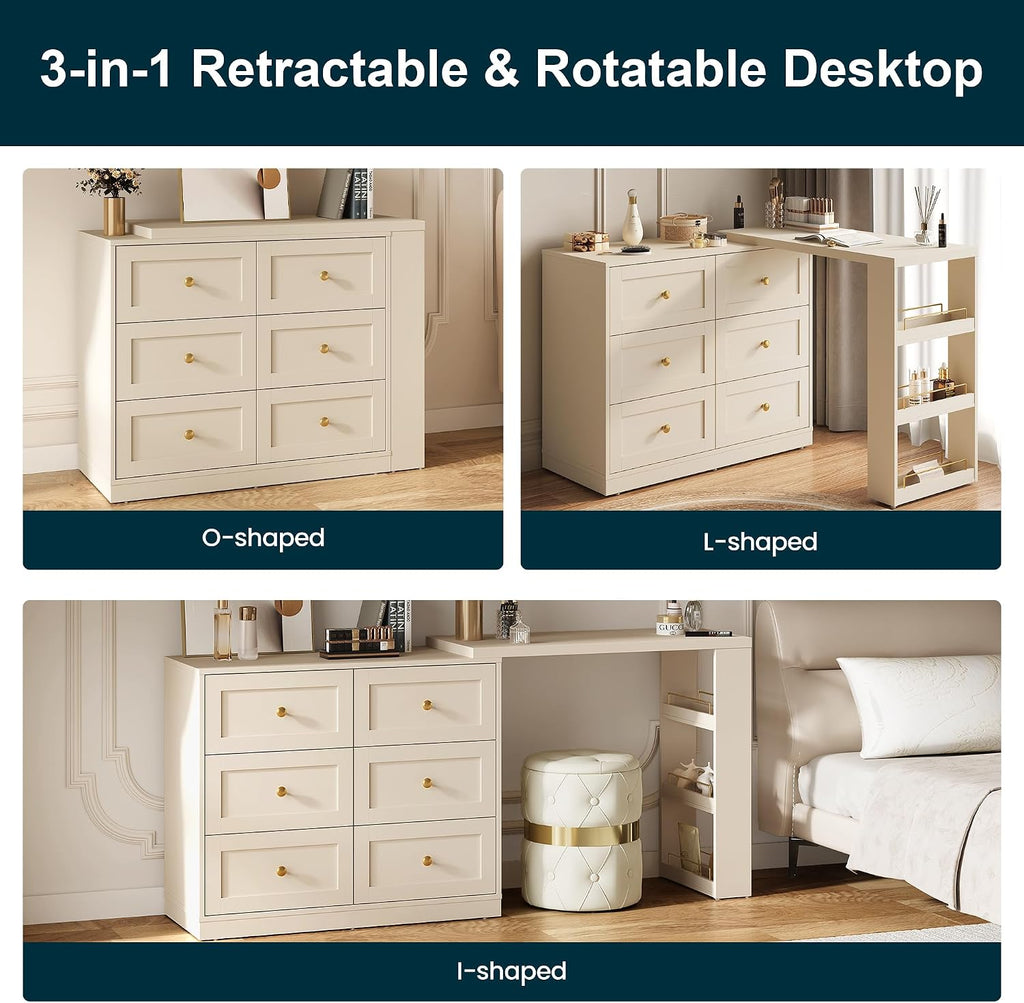 RoyalCraft Extendable Vanity Desk and Dresser Combo, 67' Makeup Vanity Table with Drawers and 3 Side Shelves, Wood Dressing Table for Bedroom, Dressing Room, Beige
