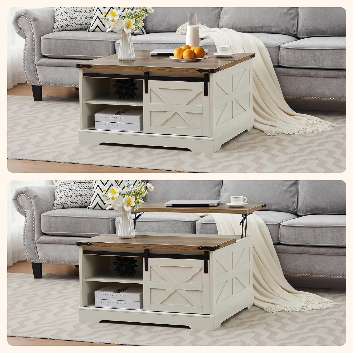 Farmhouse Lift Top Coffee Table, Wood Square Coffee Table with Sliding Barn Door and Adjustable Shelf Rustic Center Table with Hidden Storage Compartment for Living Room, Rustic White