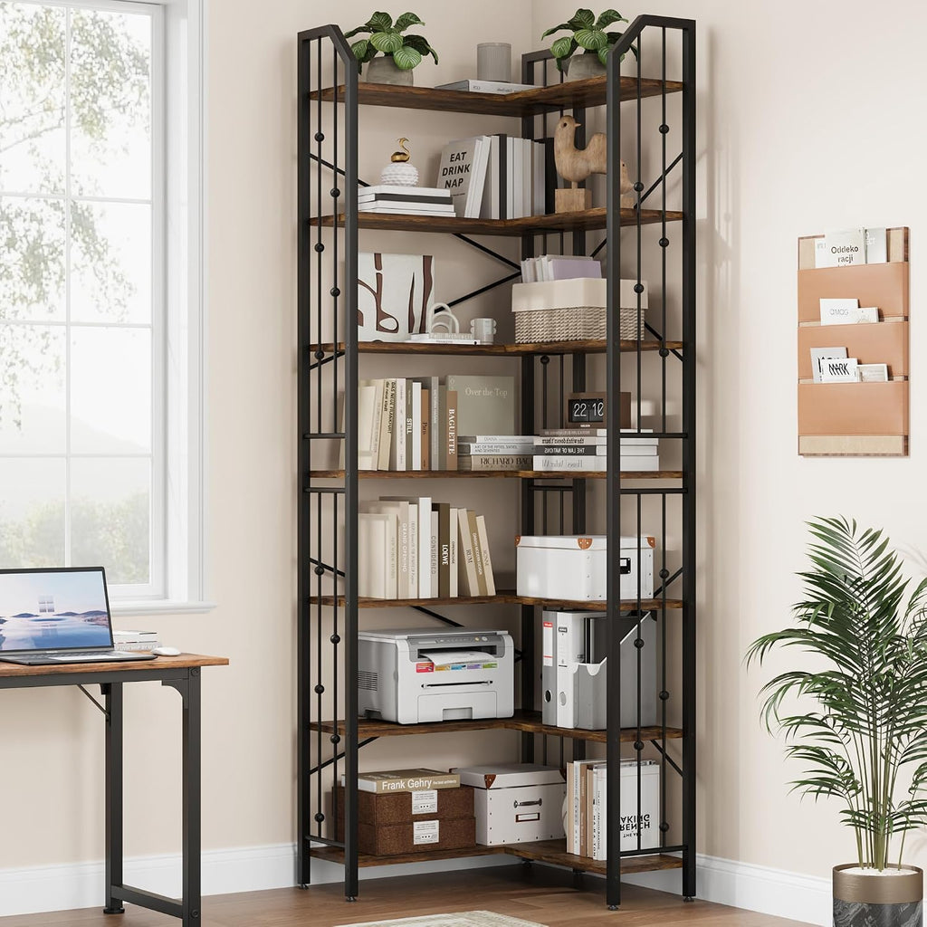 Takywep 86' Corner Bookshelf, l-Shaped 7 Tier Bookcase, Tall Corner Bookcase with Beaded Design, Large Display Shelf for Living Room Bedroom Brown