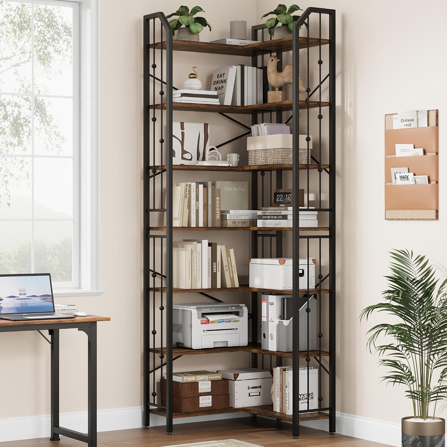 Takywep 86' Corner Bookshelf, l-Shaped 7 Tier Bookcase, Tall Corner Bookcase with Beaded Design, Large Display Shelf for Living Room Bedroom Brown