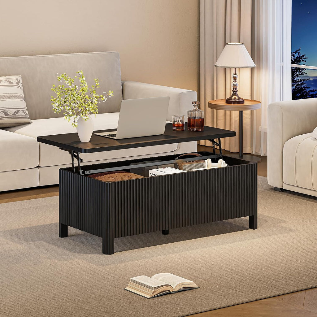 ONBRILL Fluted Lift Top Coffee Table with Storage, Mid Century Modern Coffee Table with Hidden Compartment, Rising Top Wood Center Table for Living Room, Home Office, Rounded Edges (Black)