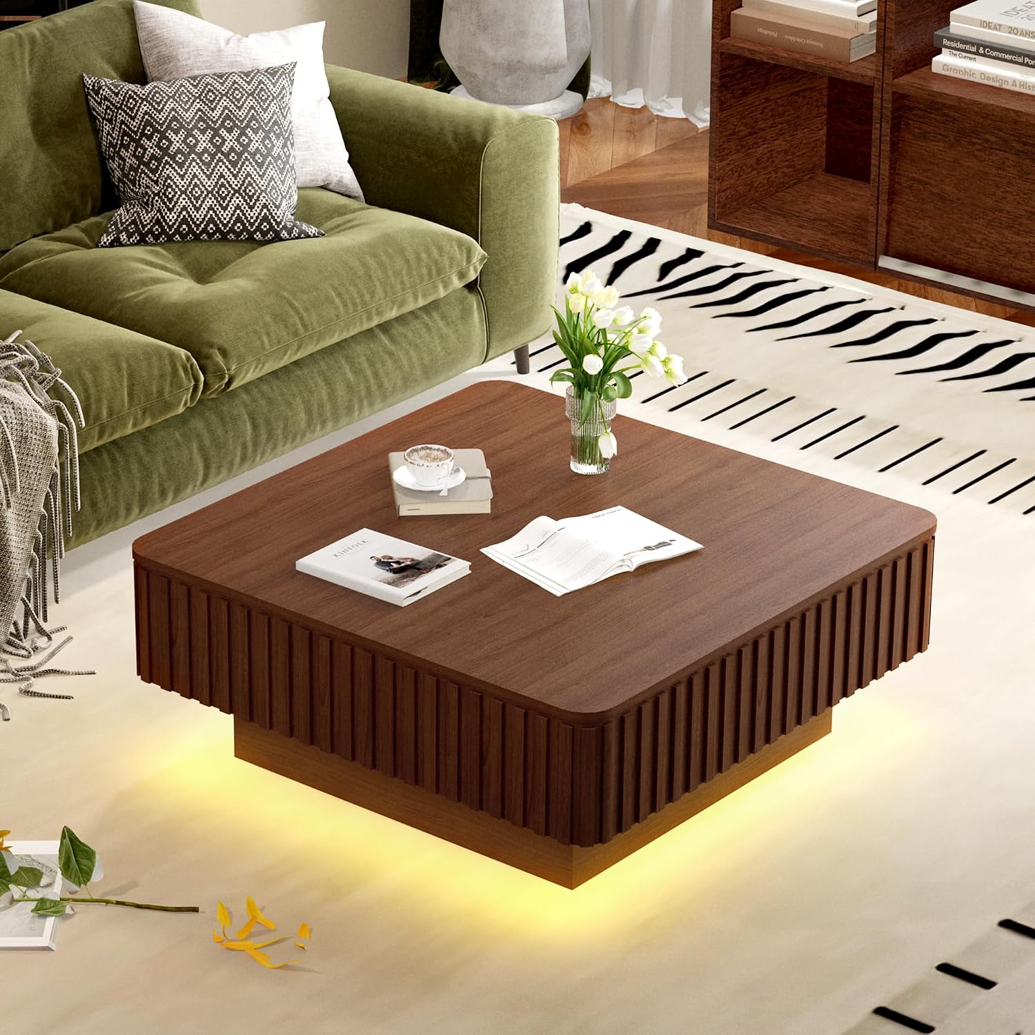 MAGIC UNION 35.4' Square Fluted Lift Top Coffee Table with Storage, Large Mid Century Modern Coffee Table with LED Lights & Charging Station, Center Table for Living Room, Home Office, Walnut