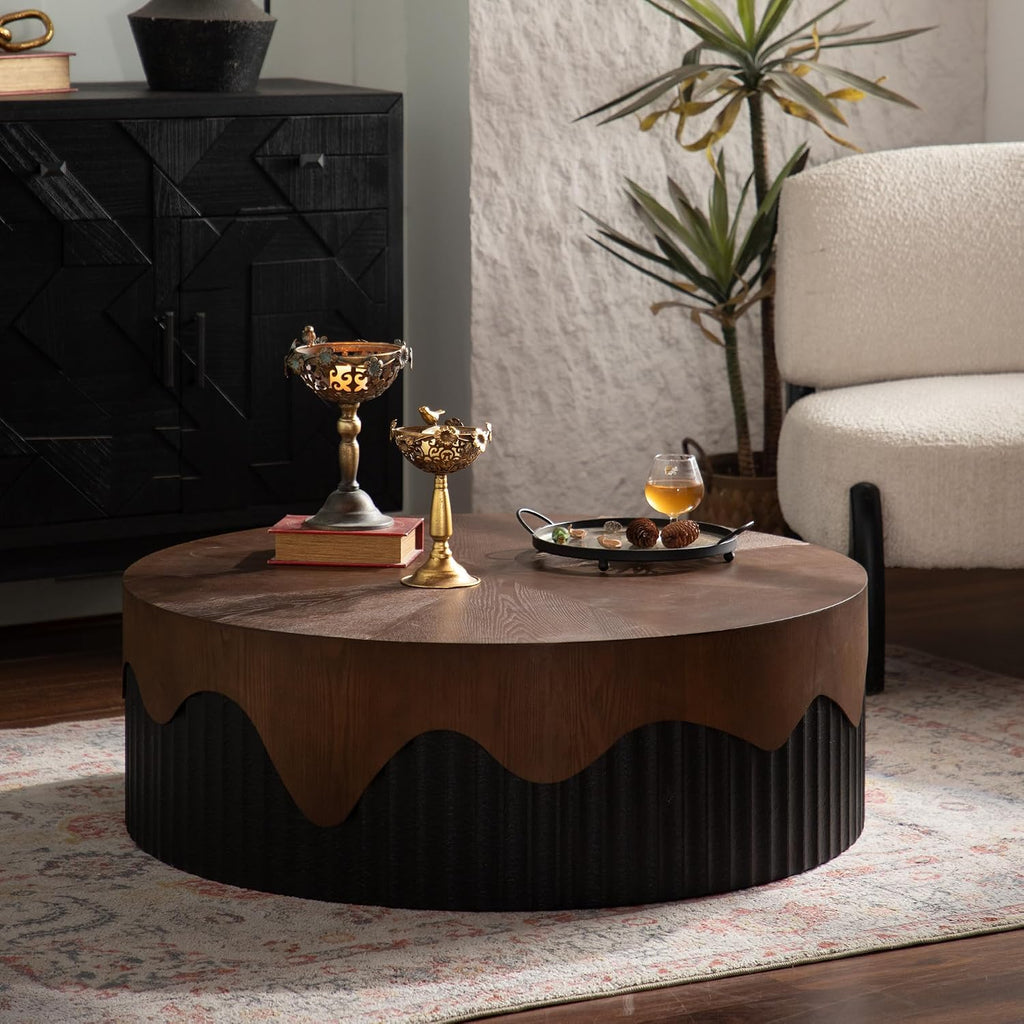 GDFStudio 39' Round Coffee Table with Walnut Table Tops, Bark Texture Veneer Circle Coffee Tables with Handcrafted Relief Base, Modern Living Room Side Tea Tables, No Assembly, Black+Walnut