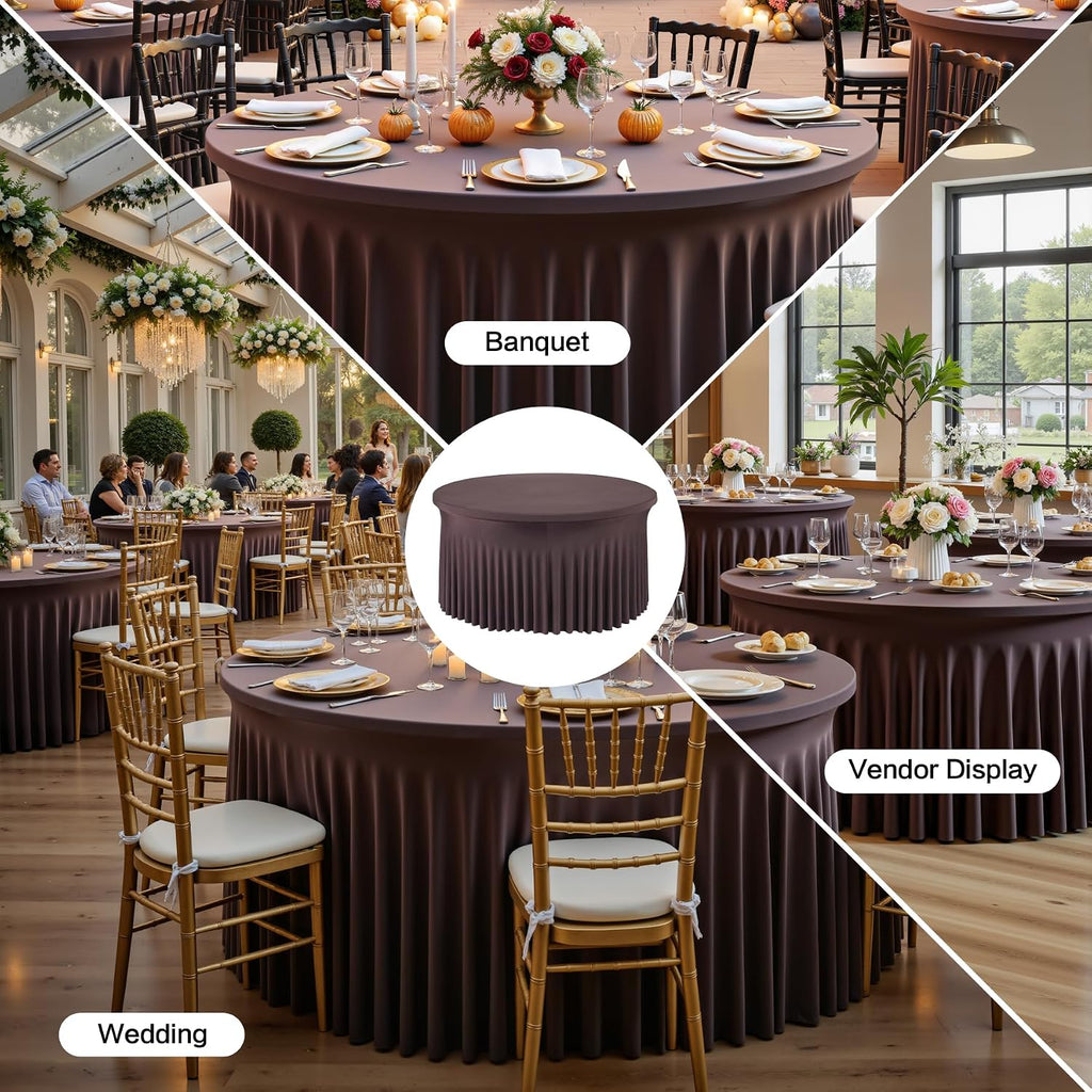 leegleri 6 Pack Spandex Brown Round Tablecloths for 60in Tables, Stretchy 120inch Fitted 5FT Round Table Cloths, Wrinkle Free Table Cover with Skirt for Wedding Birthday Party Bridal Shower Banquet