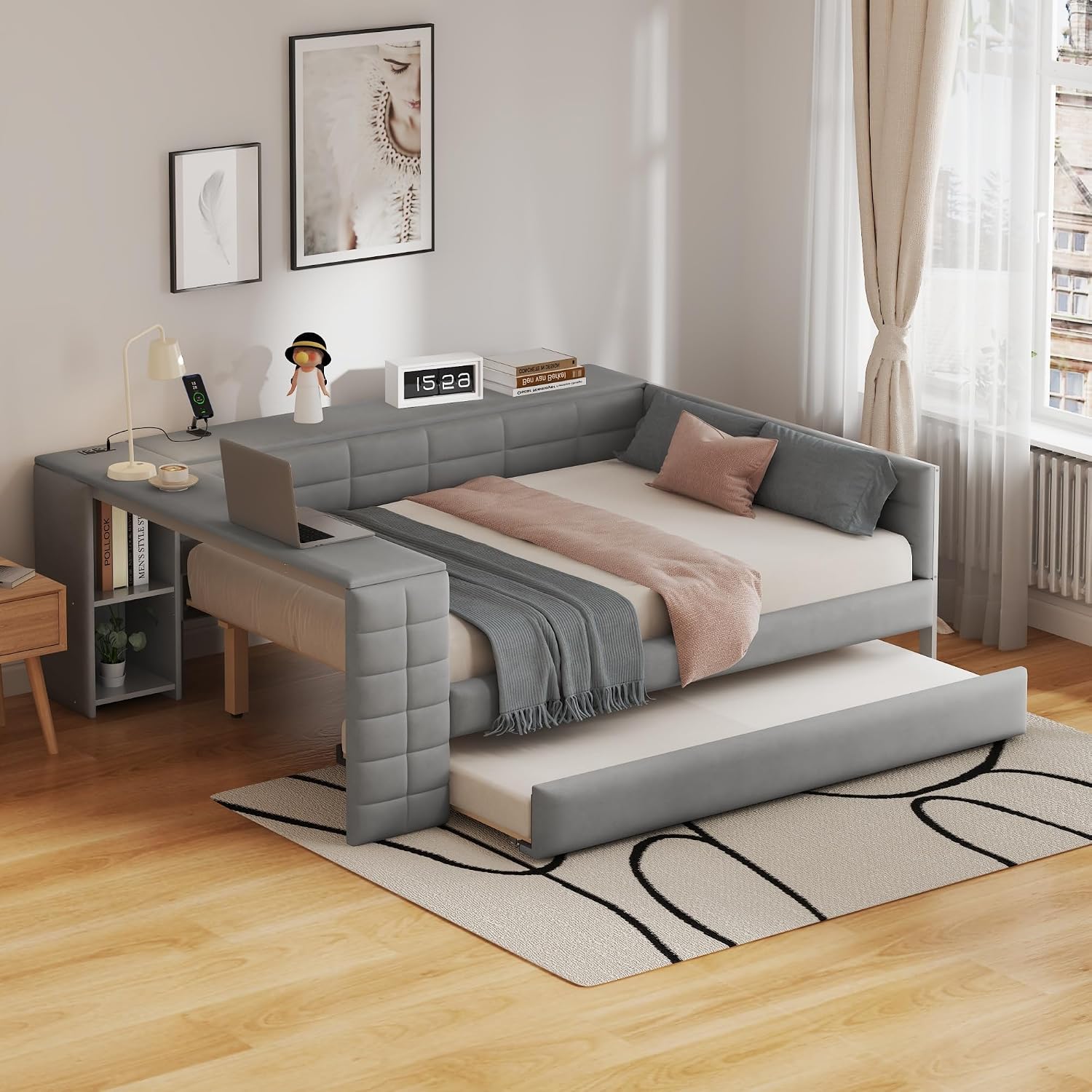 Virubi Full Size Daybed with Trundle，Corner Bed Frame with Storage Shelves, Back Cushion，Upholstered Wood Bed Frame with Charging Station for Small Space,Teen Room,Dorm and Home Office,Gray