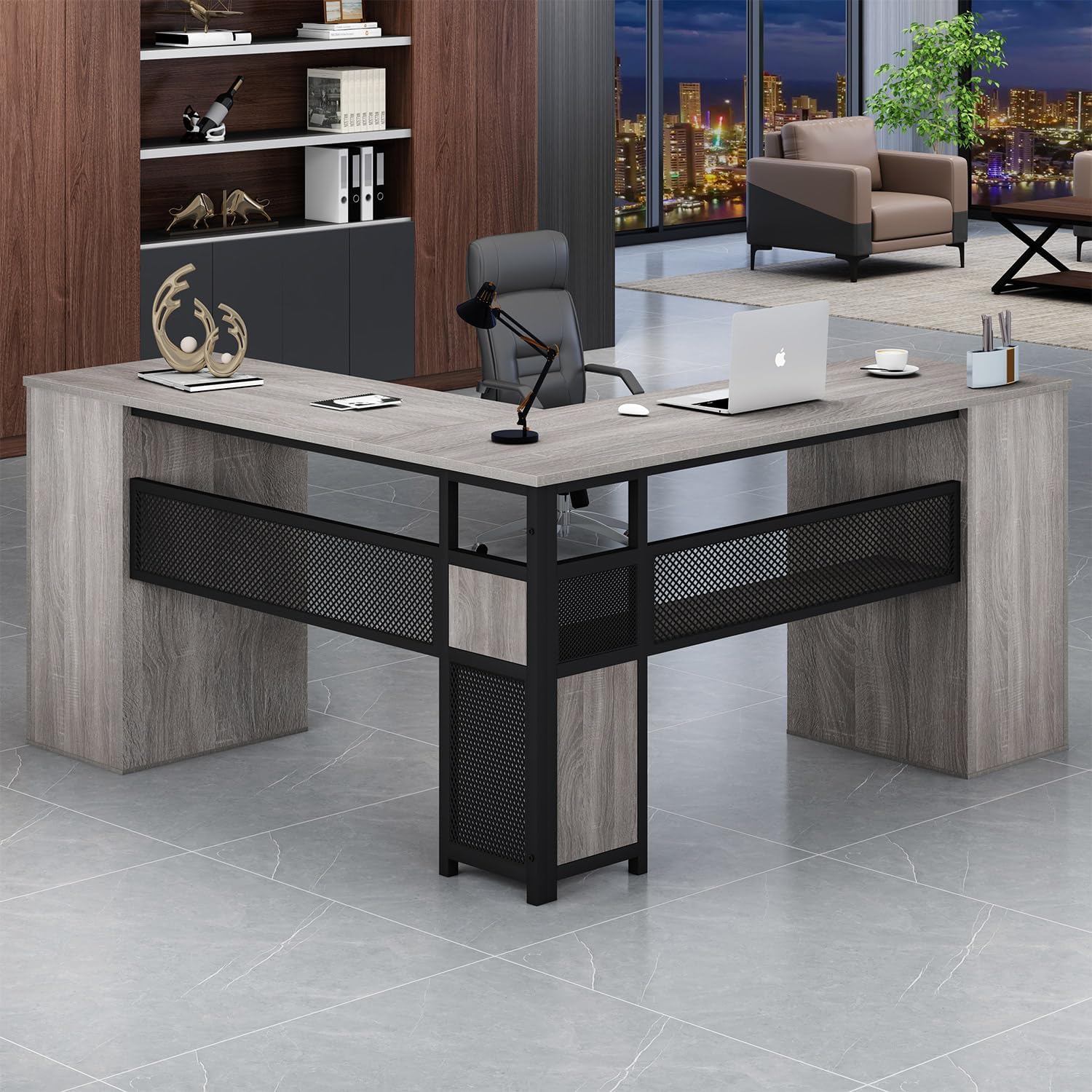 HSH Large L Shaped Desk with Storage File Cabinet，Corner L-Shaped Computer Desk with Drawers Shelves, Home Office Bedroom Metal Wood Study Writing Table Executive Workstation, Light Grey Oak, 59 Inch