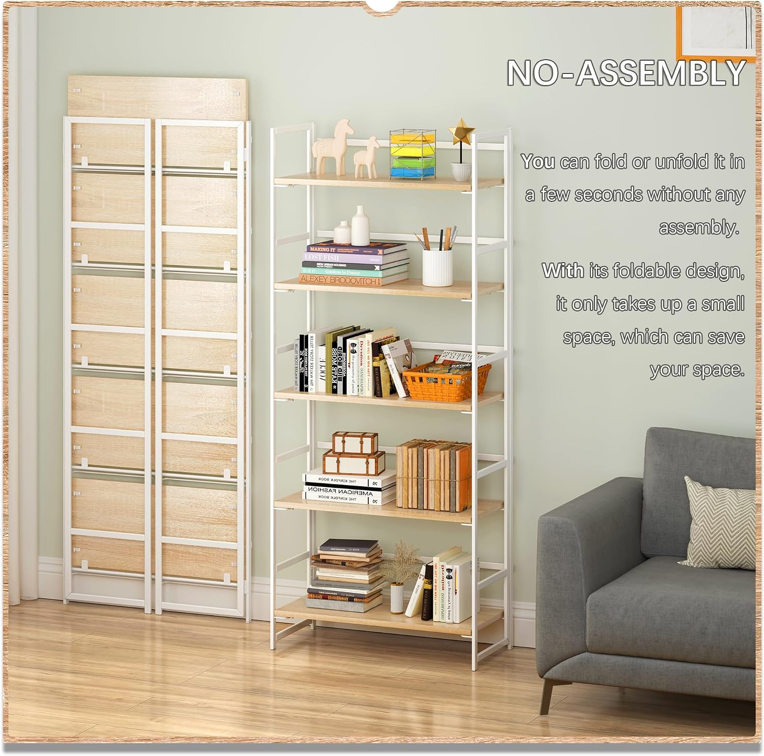 4NM No Assembly 5 Tier Collapsible Book Shelves, 51.2' H x 23.6' W Folding Bookshelf Bookcase Open Industrial Foldable Shelf for Bedroom, Living Room, Home Office - Natural White