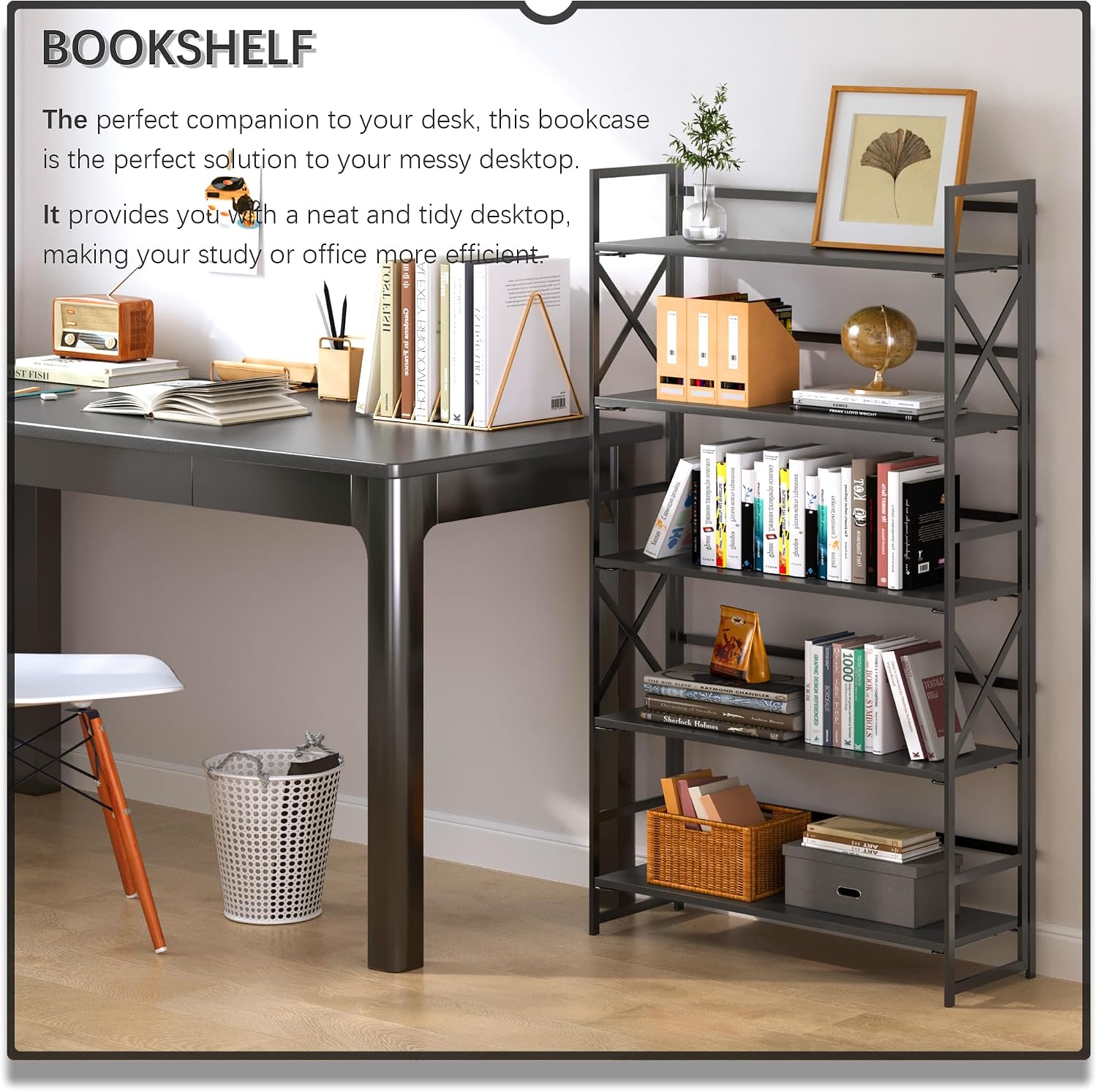 4NM Extra Wide 5 Tiers No Assembly Book Shelves, 51.2' H Folding Bookshelf Bookcase Open Industrial Foldable Shelves for Bedroom, Living Room, Home Office - All Black