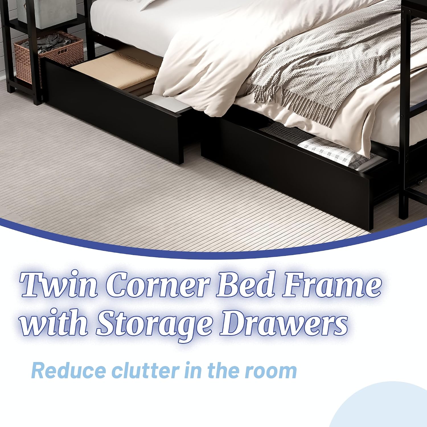 Twin Corner Bed Frame with Storage Drawers, Twin Daybed with Built-in Bookshelf & LED Light, L Shaped Twin Beds with Charging Station for Kids Teens, Black