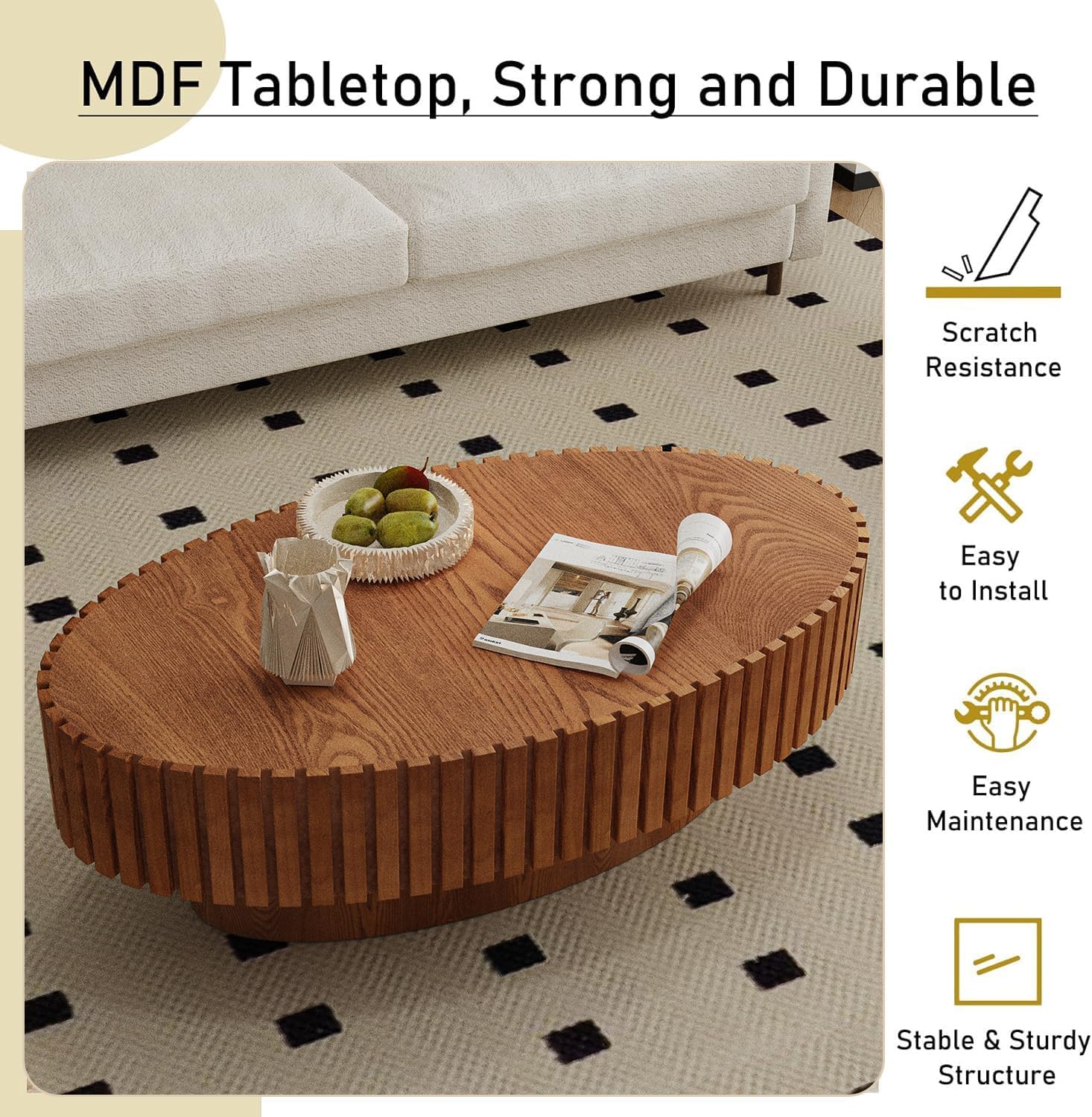 Oval Fluted Coffee Table Mid Century Modern Coffee Tables with Handcrafted Relief Ellipse Drum End Table Rustic Industrial Center Tables for Apartment Living Room (Wood Oval)