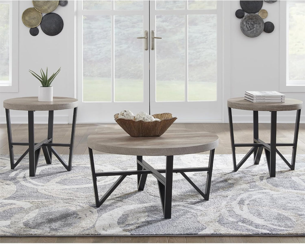 Signature Design by Ashley Deanlee Contemporary Table Set with Metal Frame, Set of 3, Light Brown & Black