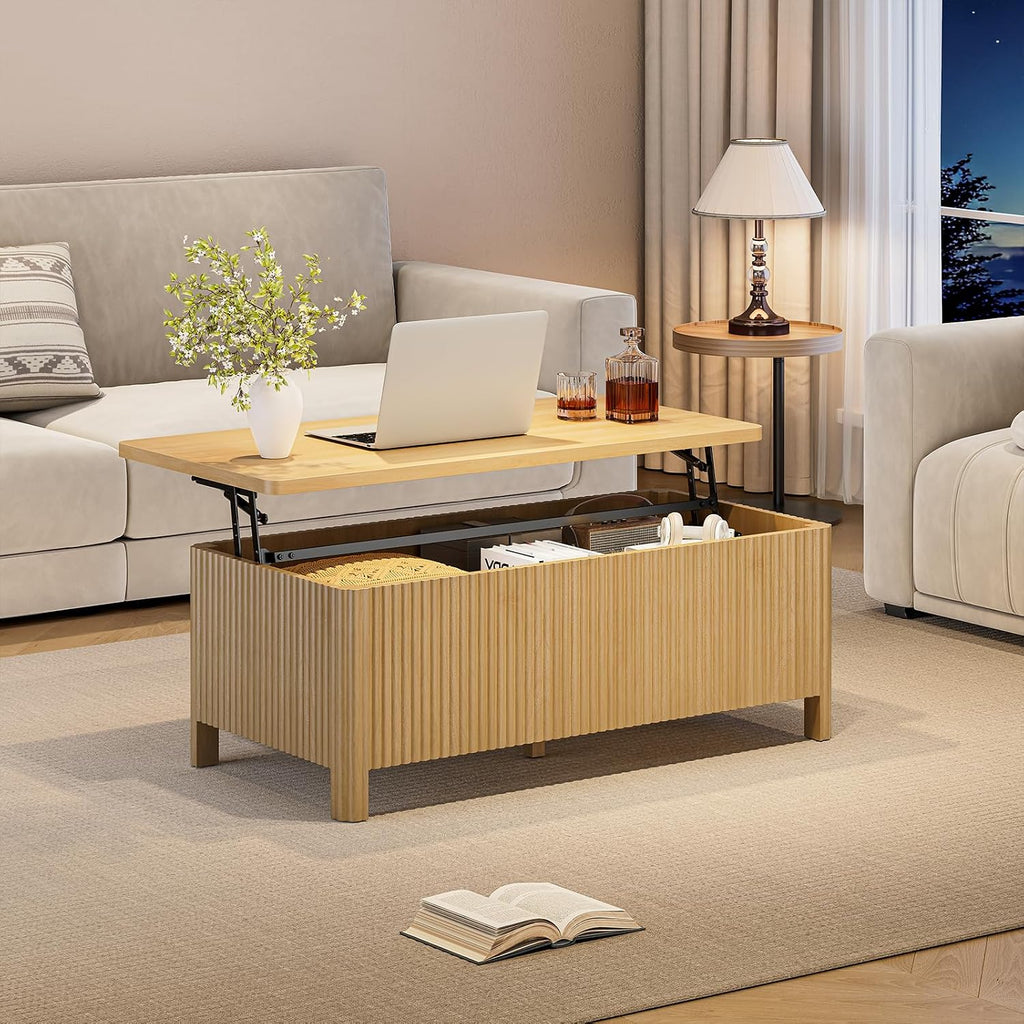 ONBRILL Fluted Lift Top Coffee Table with Storage, Mid Century Modern Coffee Table with Hidden Compartment, Rising Top Wood Center Table for Living Room, Home Office, Rounded Edges (Natural Oak)