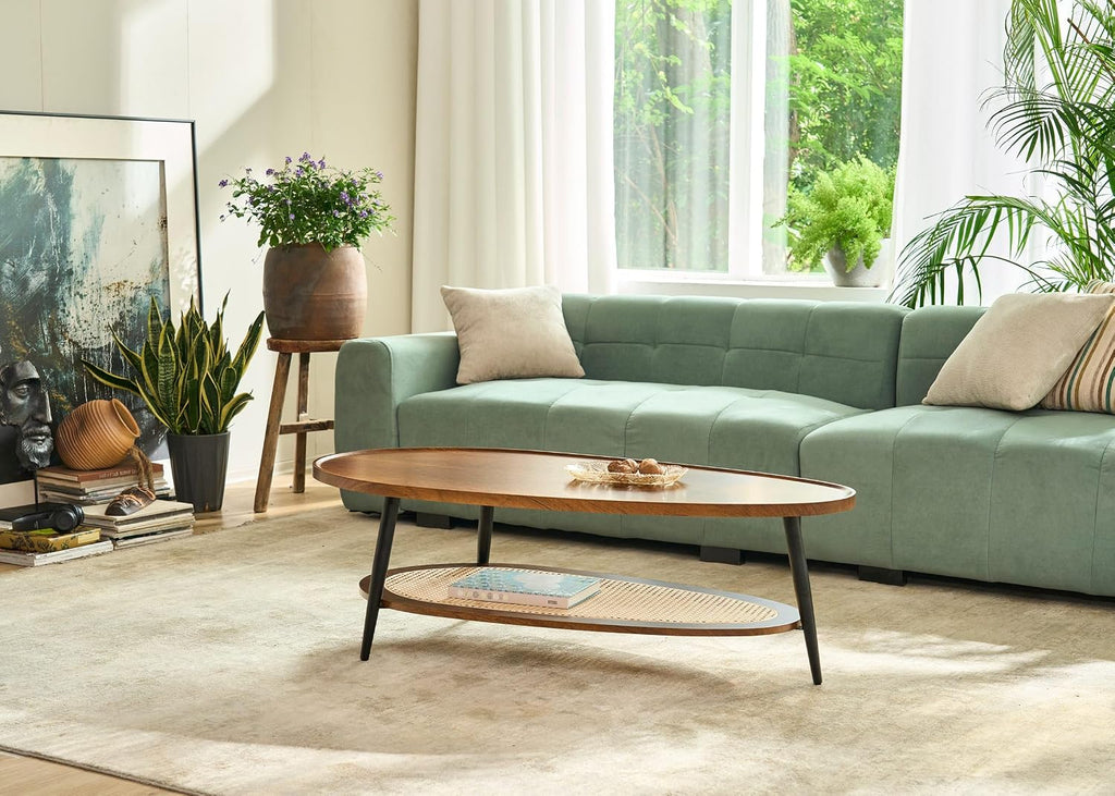 AGV LIGHTING Oval Coffee Table with Storage Shelf, 47' Mid Century Modern Coffee Table for Living Room, Walnut Wood Finish MDF Top with Rattan Shelf