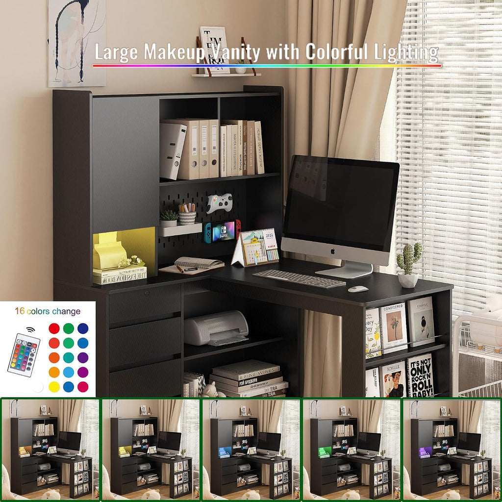 Black L-Shaped Home Office Desk with Hutch & Drawers, Modern Corner Desk with LED Light & Bookshelf, Wood Study Writing Table Gaming Computer Desk for Bedroom, Home
