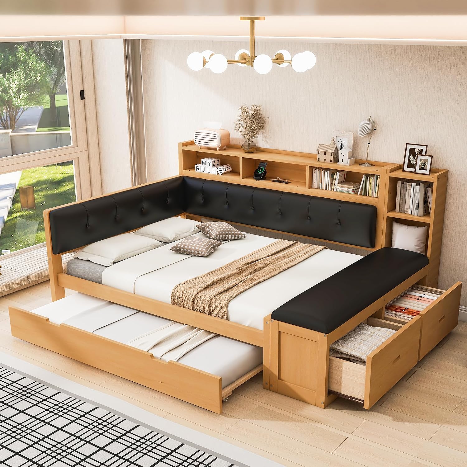 SOFTSEA Full Size Daybed with Trundle & Storage Drawers, Wood L-Shaped Daybed Corner Bed with Upholstered Headboard, Bench, 2 Drawers, Bookcase & USB Ports for Boys Girls Kids Adults, Natural Black