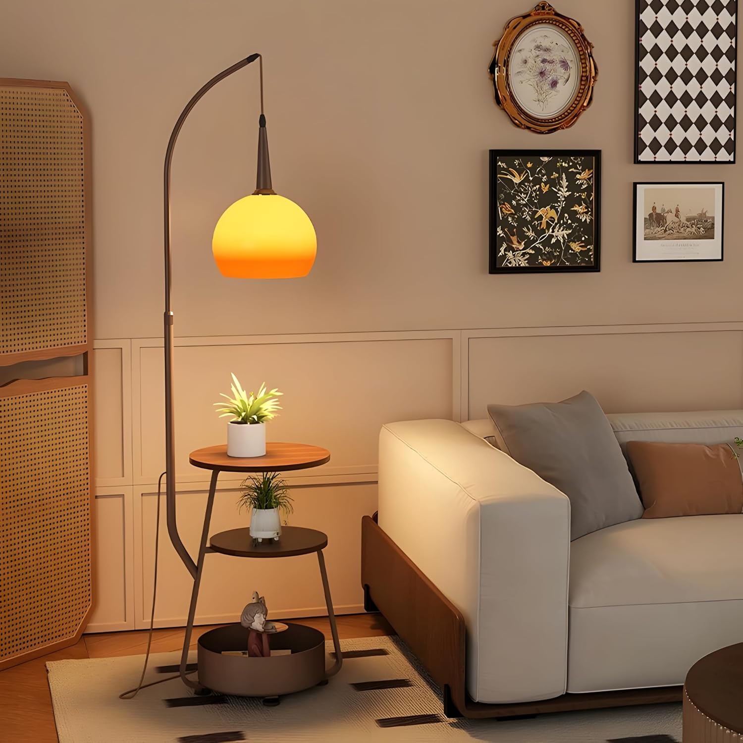Bofea-Modern Orange Floor Lamp for Living Room,Mid Century Tall Lamps with Tea Table & Storage Bucket,Fishing Standing Lamp with Glass Lampshade,Mid Century Floor Lamp for Bedroom Corner.
