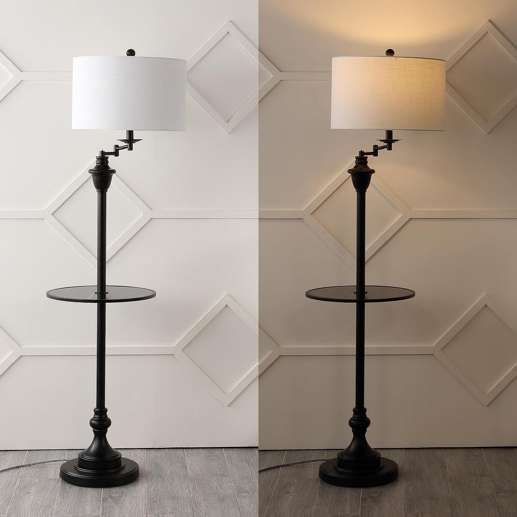 JONATHAN Y 60' Black Floor Lamp with Integrated Glass Side Table, Modern Swing Arm Standing Lamp for Living Room, White Linen Shade, LED Bulb Included (JYL3055D)
