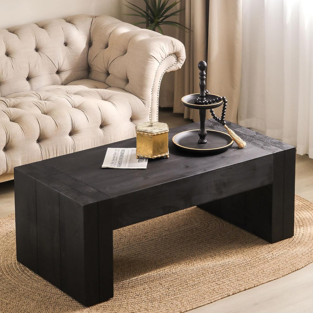SSLine Rustic Wood Coffee Table Farmhouse 49.4' Rectangular Cocktail Center Table for Living Room Thicken Fir Wood Table Top (Black Wood Grain)