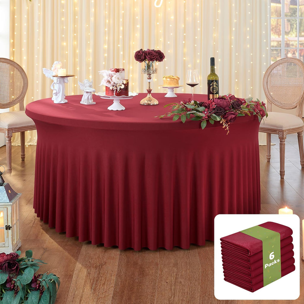 leegleri 6 Pack Burgundy 60inch Spandex Round Tablecloths, Stretchy 120inch Fitted 5FT Round Table Cloths, Wrinkle Free Table Cover with Skirt for Wedding Party Dining Banquet