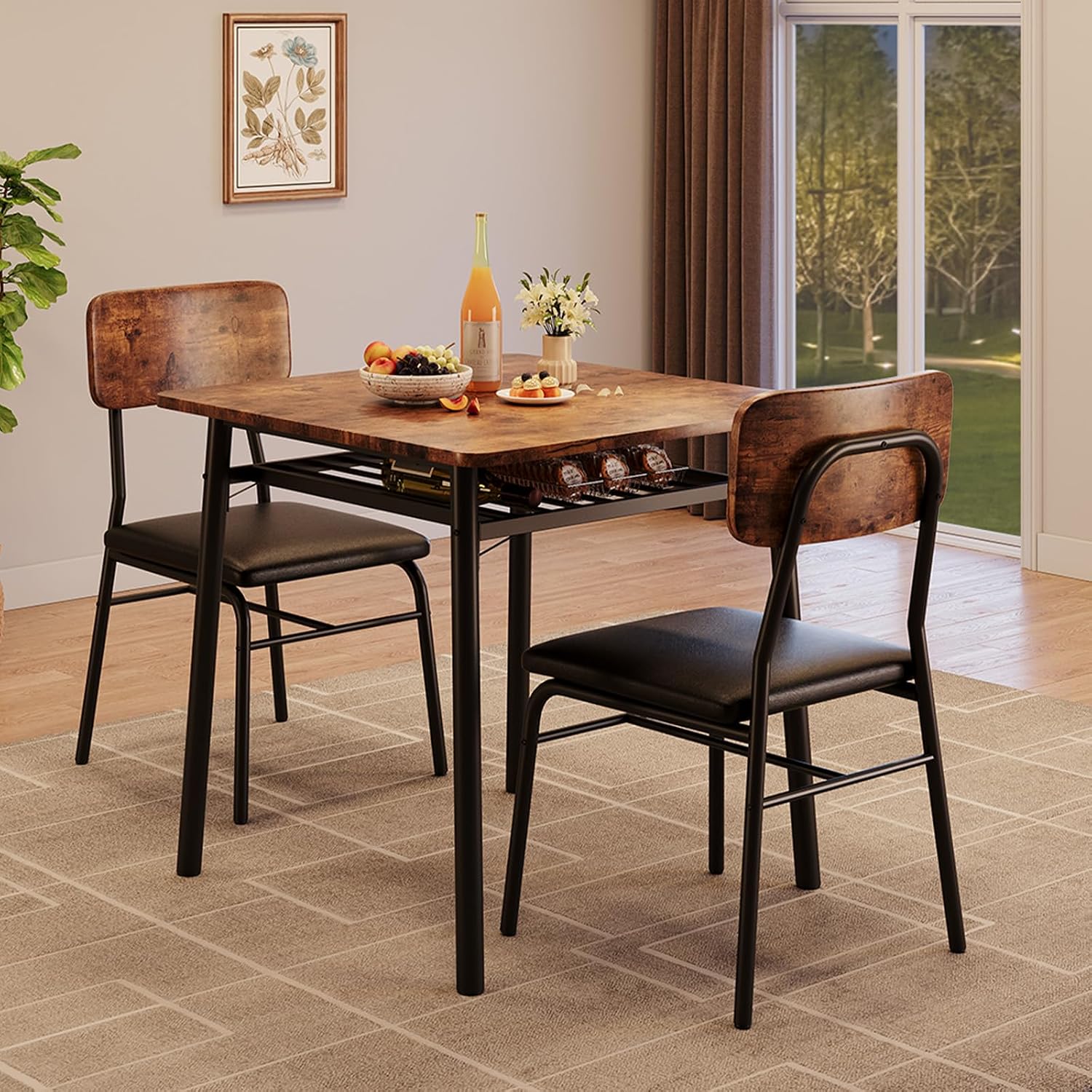 GarveeHome Dining Table for 2 with Storage Rack, Small Kitchen Table for 2 with Metal Frame, Square Table with Upholstered Chairs Set of 2, 3-Piece Dining Room Set for Small Space, Apartment, Brown