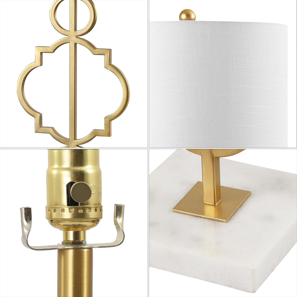 JONATHAN Y 31' Gold Modern Quatrefoil LED Table Lamp, Contemporary Metal Iron Lamp with White Marble Base and Linen Drum Shade for Living Room Bedroom, LED Bulb Included JYL3026A