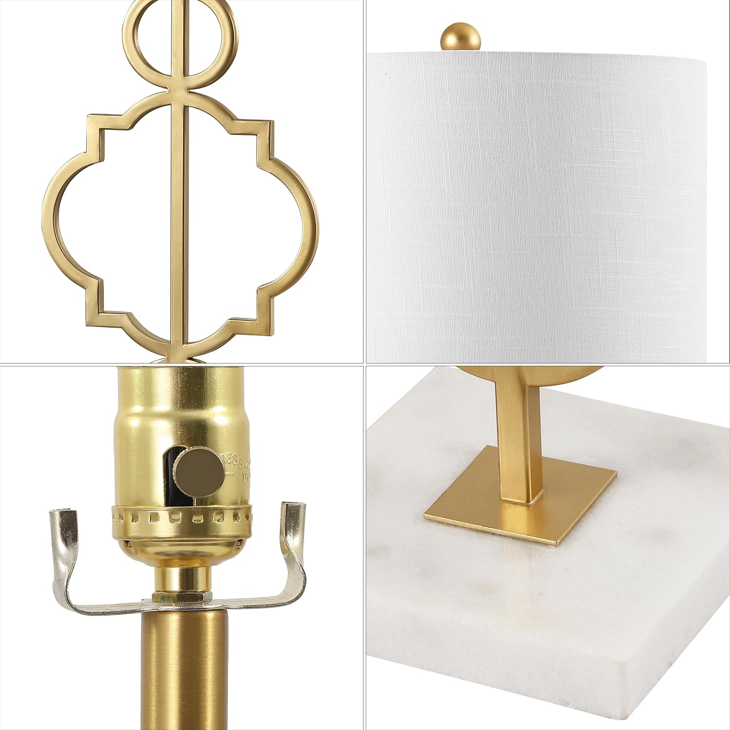 JONATHAN Y 31' Gold Modern Quatrefoil LED Table Lamp, Contemporary Metal Iron Lamp with White Marble Base and Linen Drum Shade for Living Room Bedroom, LED Bulb Included JYL3026A