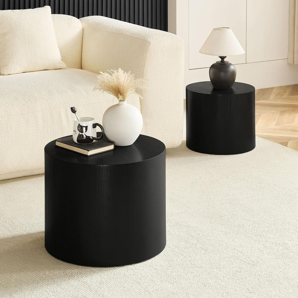 Round Coffee Table Set of 2, Nesting Coffee Table and End Table Set Wood Small Circle Drum Side Table for Living Room Office, No Assembly
