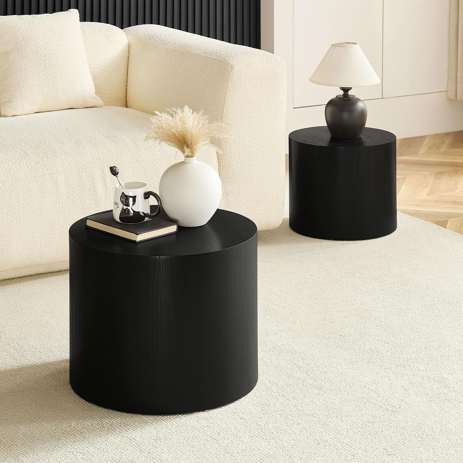 Round Coffee Table Set of 2, Nesting Coffee Table and End Table Set Wood Small Circle Drum Side Table for Living Room Office, No Assembly