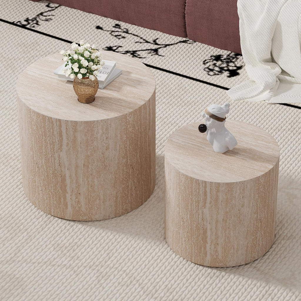 Round Coffee Table Set of 2 Modern Nesting Coffee Tables Wooden Drum Coffee Tables with Non-Slip Feet, Circle Nesting Tables End Table for Living Room Office, No Assembly (Travertine 18.11'+14.57')