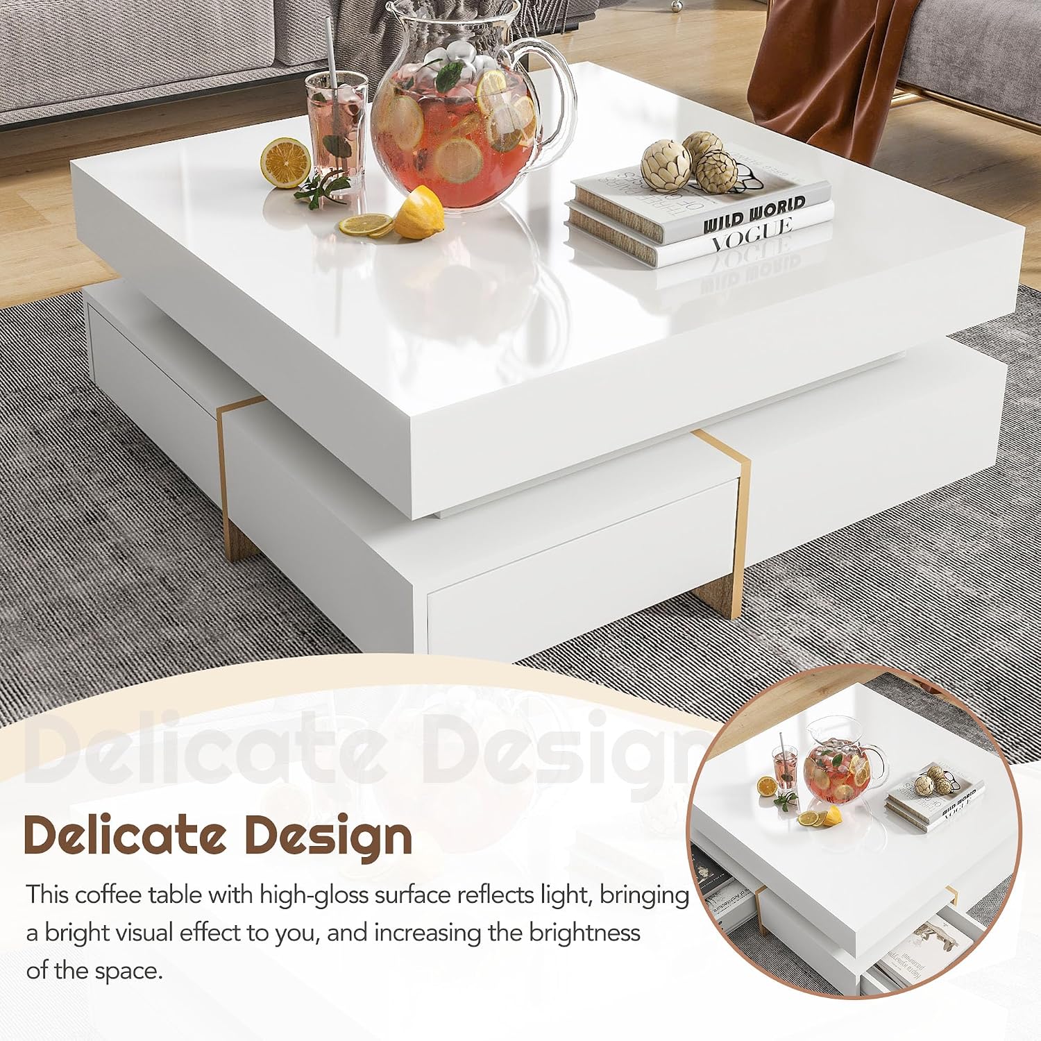 Modern Coffee Table with Storage, Contemporary Square Coffee Table with Drawers, High Gloss Modern Center Table for Living Room, Reception Room, Office, White, 31' D X 31' W X 11' H