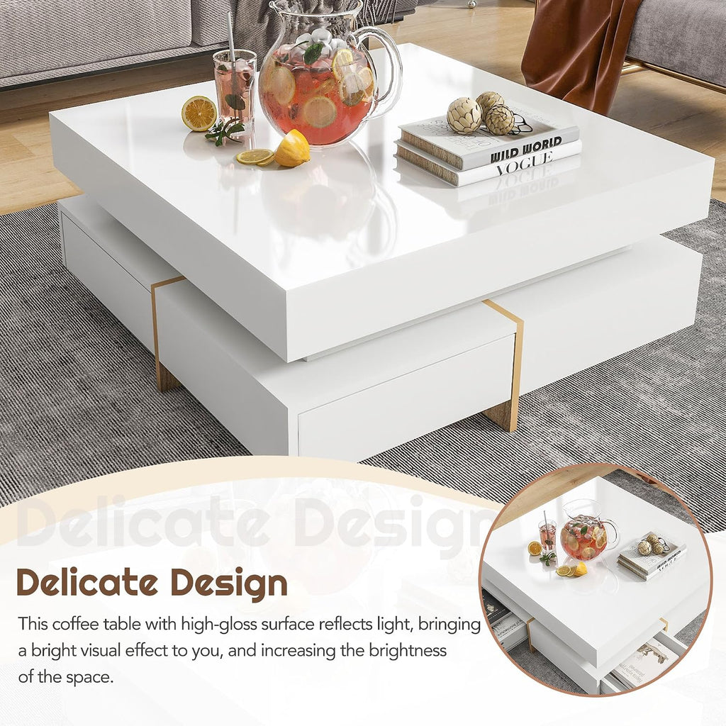 Modern Coffee Table with Storage, Contemporary Square Coffee Table with Drawers, High Gloss Modern Center Table for Living Room, Reception Room, Office, White, 31' D X 31' W X 11' H