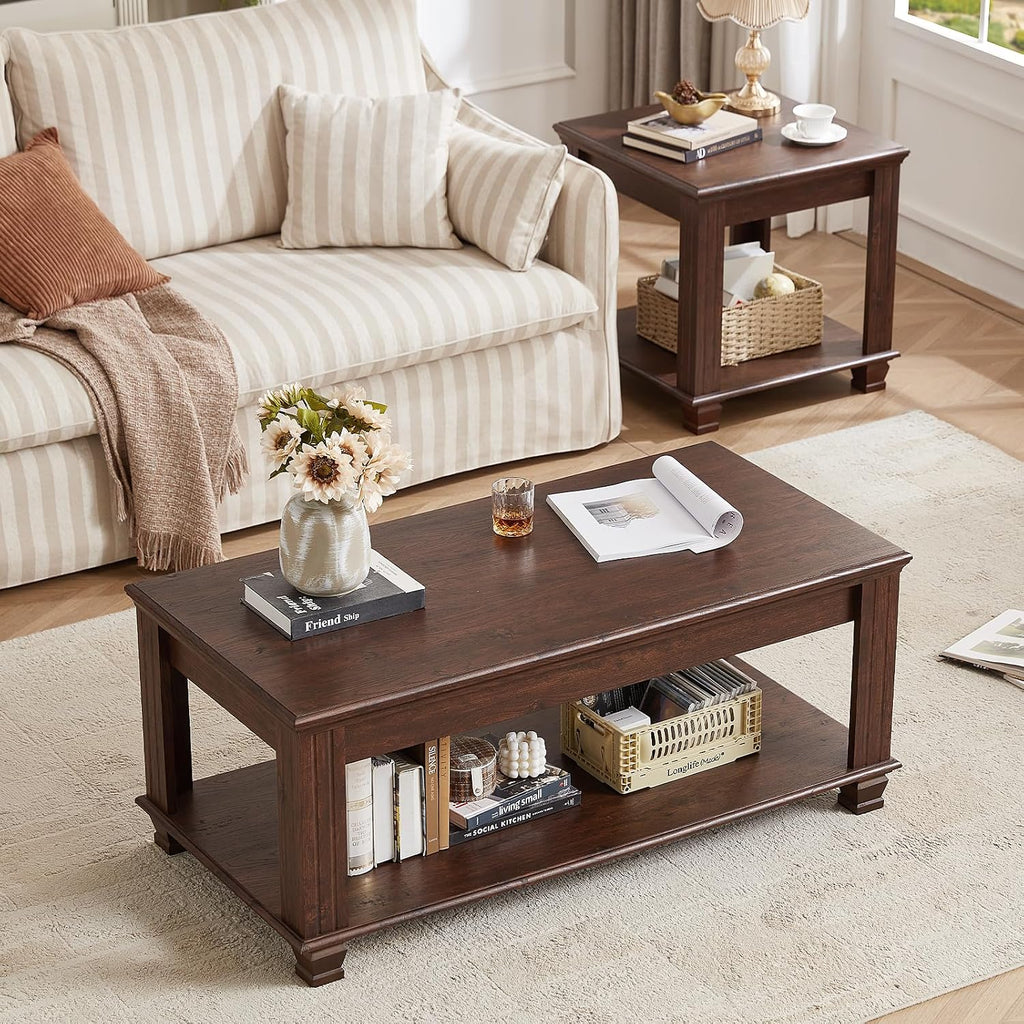 SAVOR LIFE Farmhouse Coffee Table Set of 3,Rustic Wooden Living Room Table Set,Large Coffee/End Side Tables with Open Shelf for Living Room,Walnut